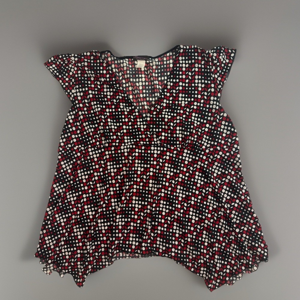 Von Mozart Women's 2X Red Polka Dots Print Top Short Sleeve V-Neck Blouse Y2K